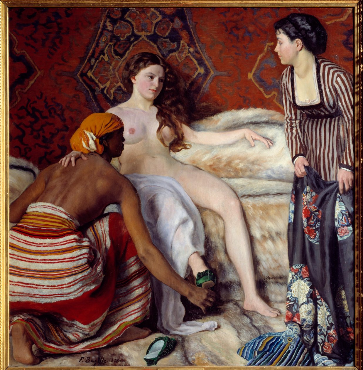 Orientalisme: "" Toalettet"" En ung hvit kvinne assistert av sine to jomfruer har toalettet sitt. Maleri av Frederic Bazille (1841-1870) 1869 Søn. 1,32x1,27 m Montpellier, Musee Fabre av John Clayton Adams