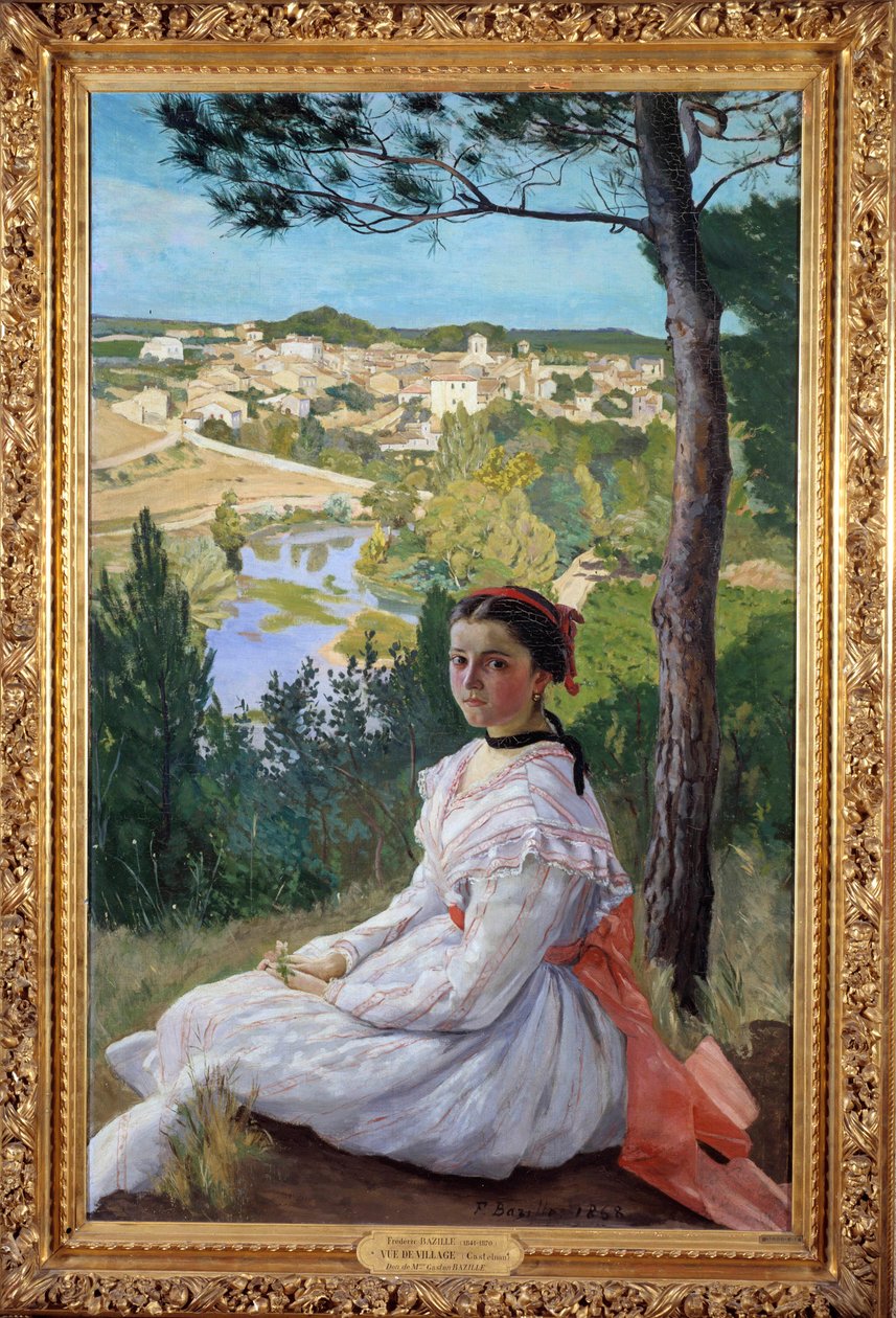 Landsbyutsikt Ung jente poserer i et landskap av Provence. Maleri av Frederic Bazille (1841-1870) 1868 Søn. 1,3x0,89 m Montpellier, Musee Fabre av John Clayton Adams