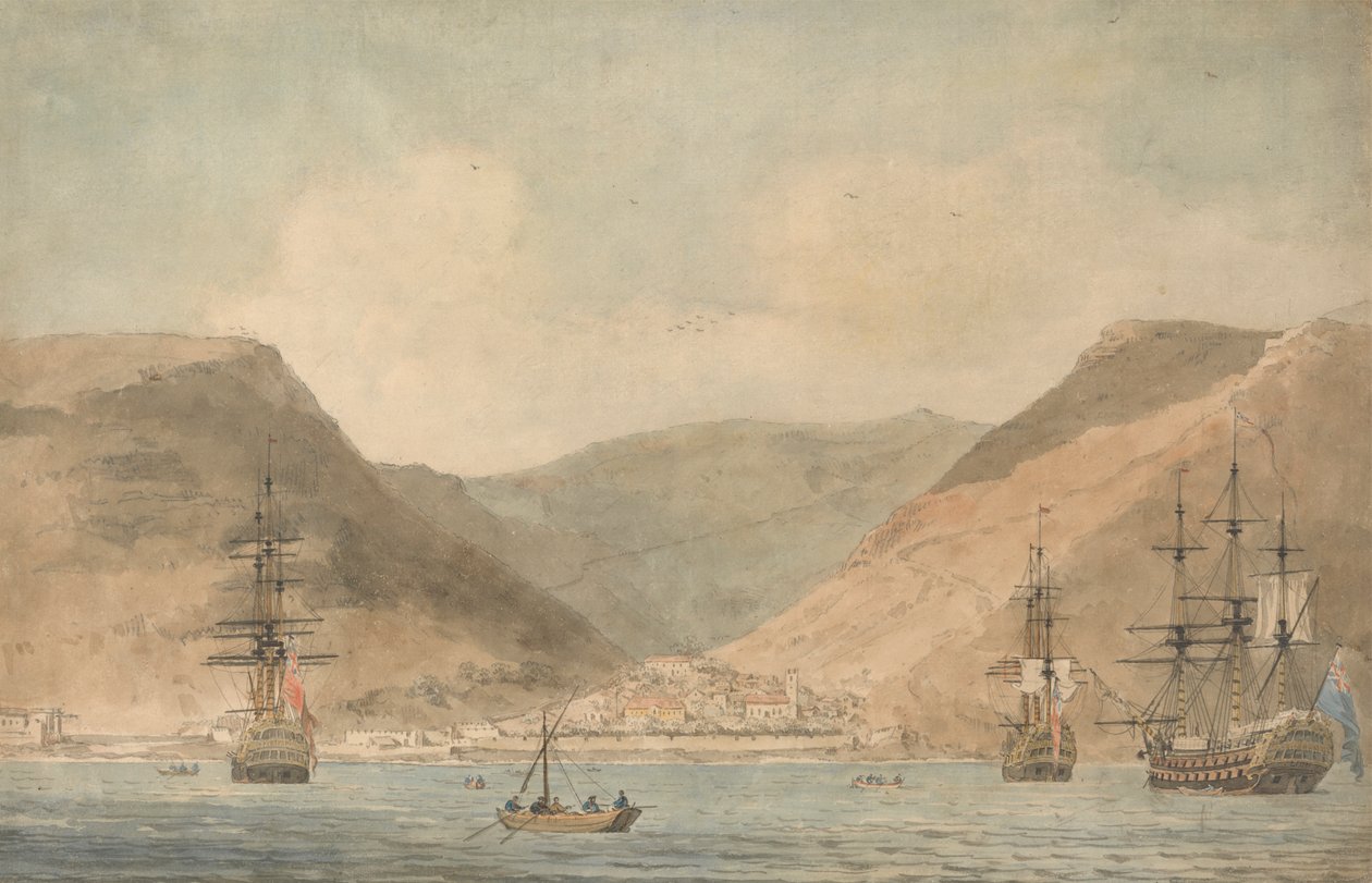 Utsikt over Jamestown, St. Helena, fra havet med frakt av John Cleveley the Younger