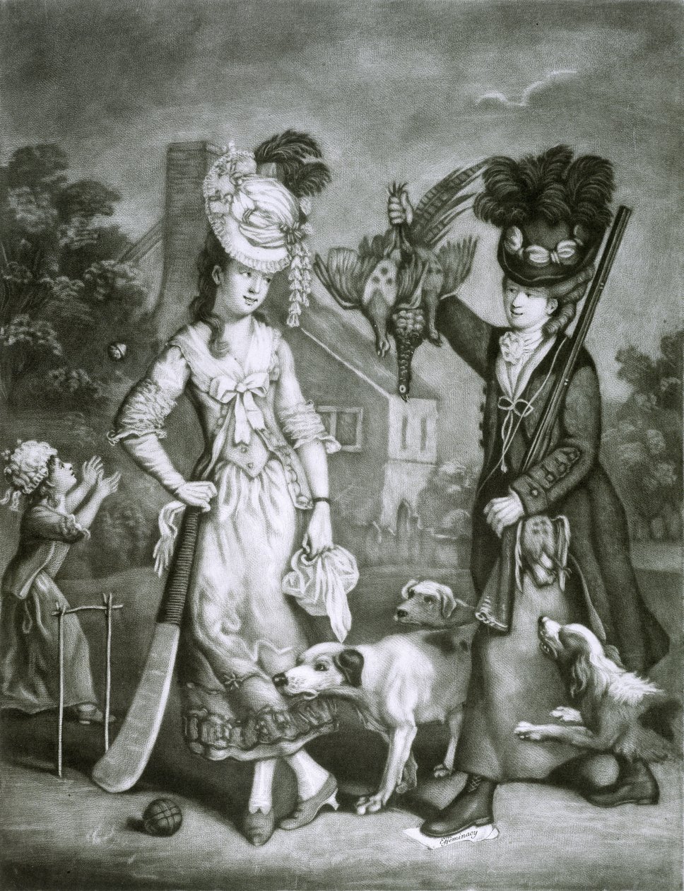 Miss Wicket and Miss Trigger, 1778 (mezzotint) av John Collet