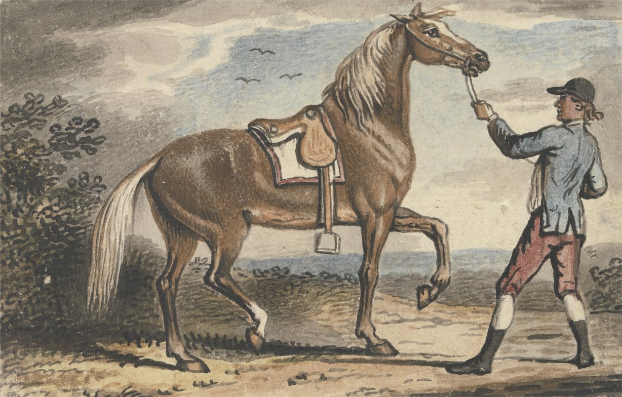 Stallgutt som holder en hest i et landskap (wc på papir) av John Collet