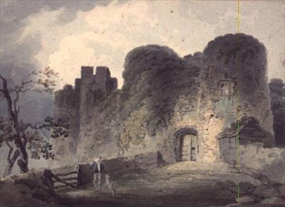 Inngangen til Carisbrooke Castle, med en ungdom og et lam som står nær en port av John Collins