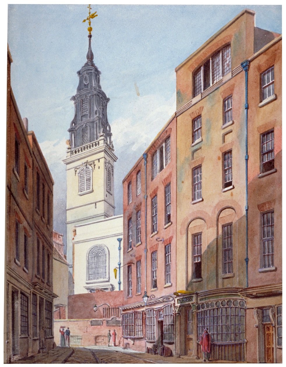 Church of St Michael, Crooked Lane og en del av Crooked Lane, City of London, c1815. av John Coney