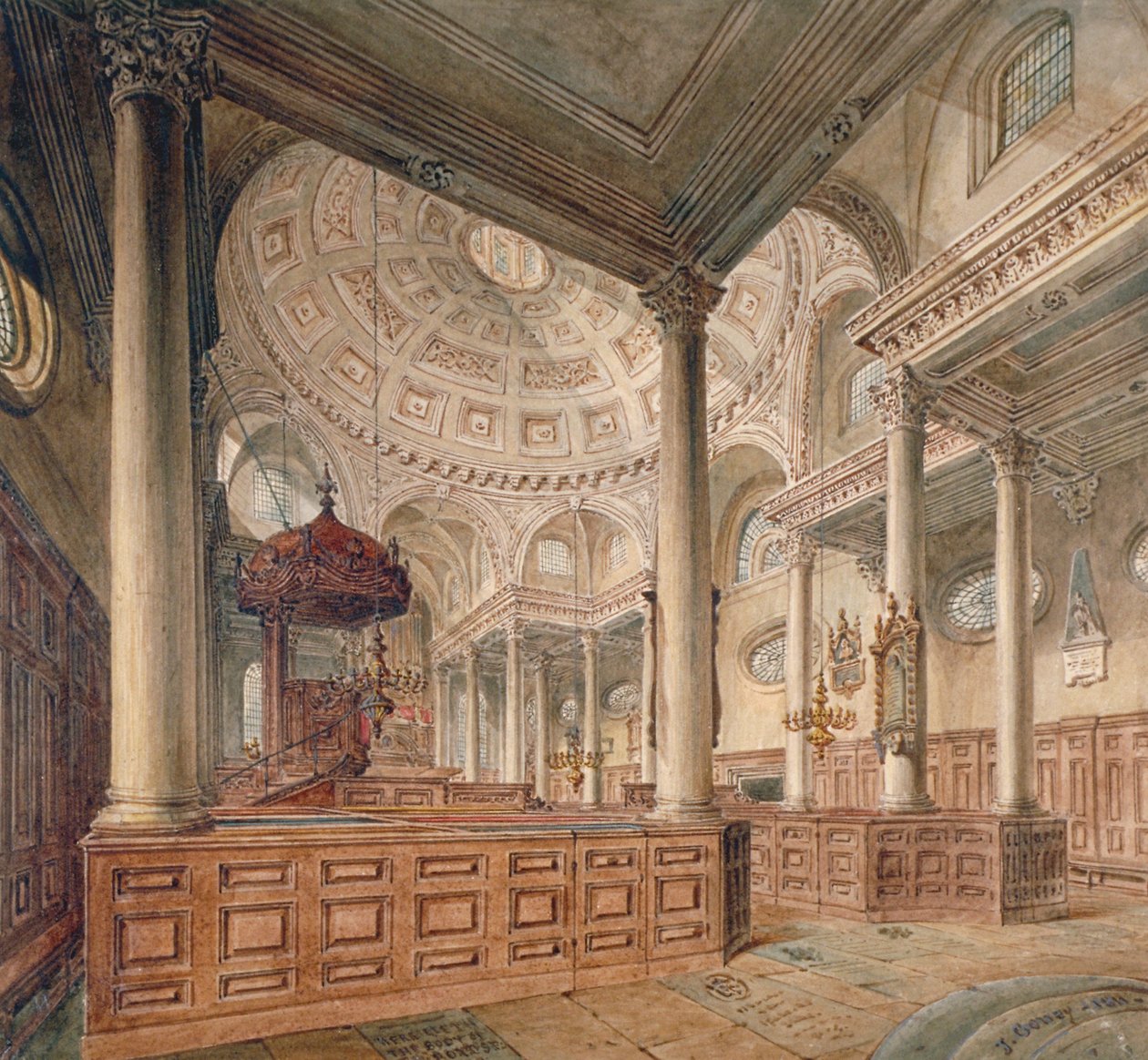 Innvendig utsikt over Church of St Stephen Walbrook, City of London, 1811 av John Coney