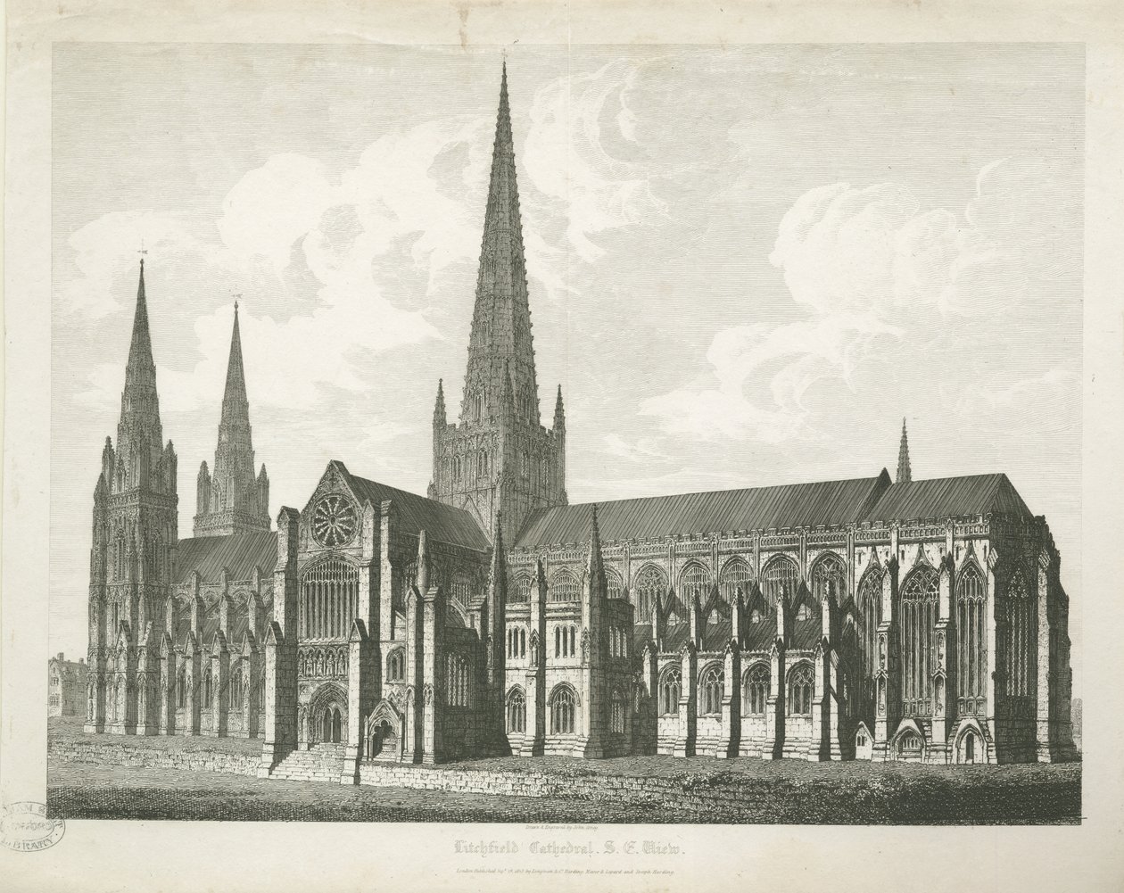 Lichfield Cathedral - South East View: gravering, nd [c 1823] (trykk) av John Coney