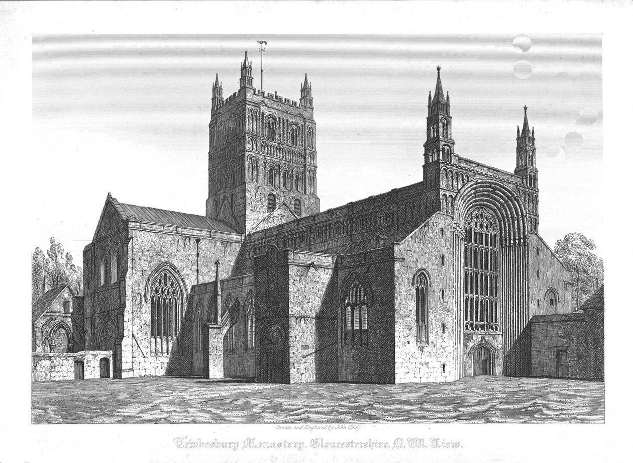 Tewkesbury Monastery, Gloucestershire, N. W. View, tidlig på 1800-tallet. av John Coney