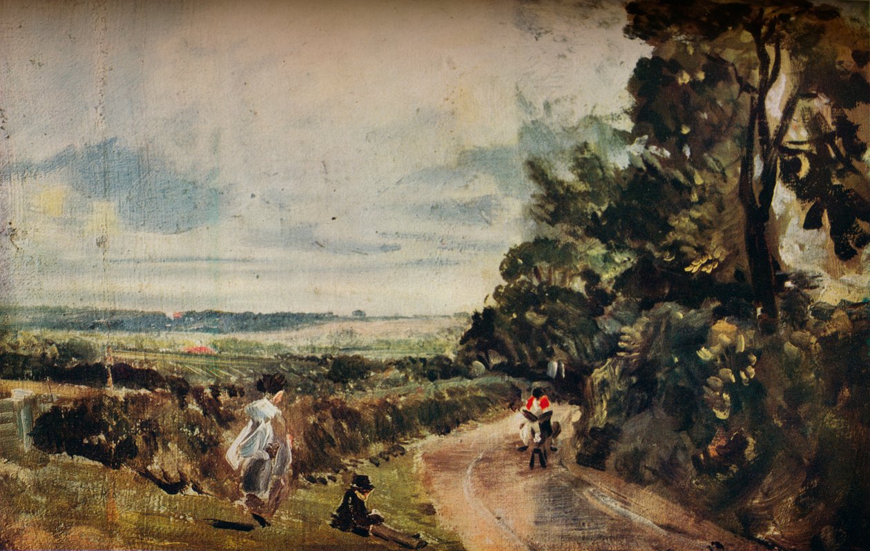 A Country Road with Trees and Figures recto, Willy Lotts House verso, c1830. av John Constable