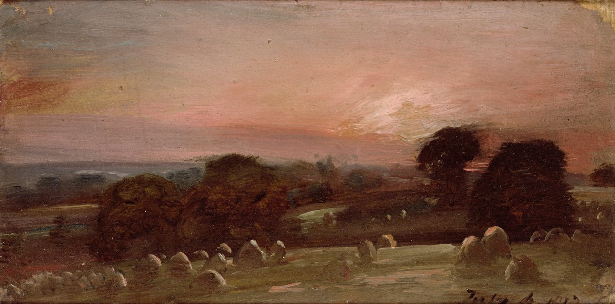 En slåttemark nær Øst-Bergholt ved solnedgang av John Constable