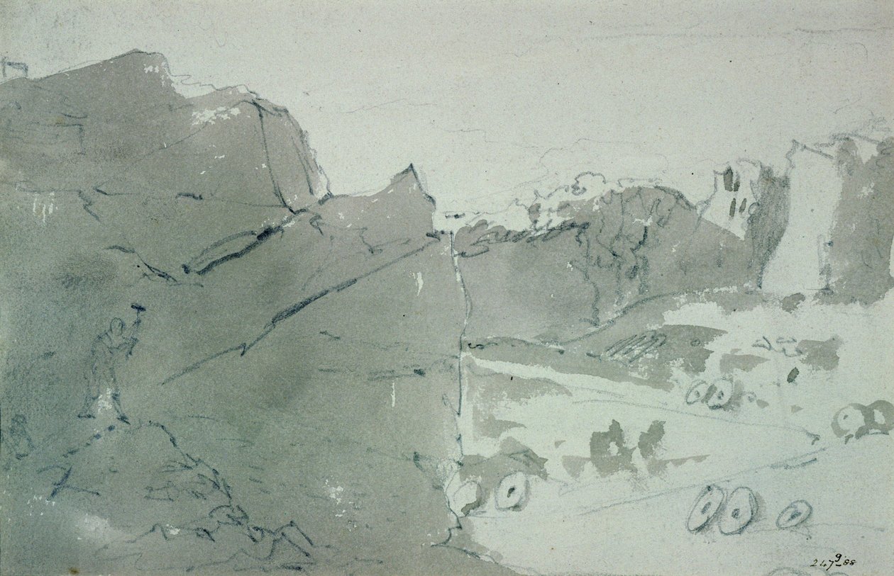 A Quarry for Mill-stones in Derbyshire, 1801 (blyant og sepia vask på papir) av John Constable