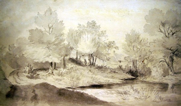 En Suffolk Pond, med hytter i det fjerne (blyant og vask på papir) av John Constable