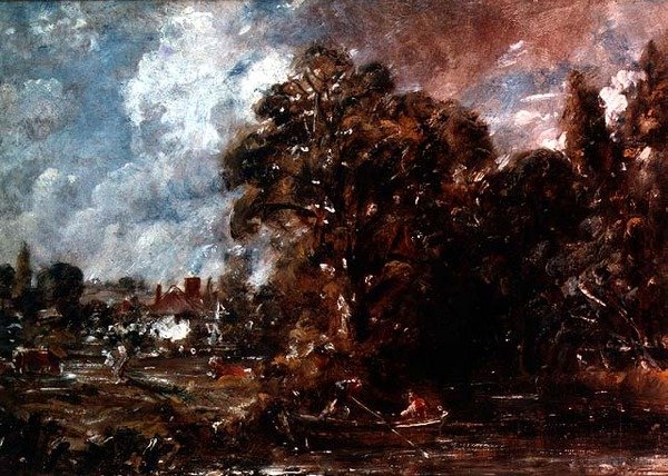 En elvescene med et våningshus nær vannkanten, ca. 1830-36 (olje) av John Constable