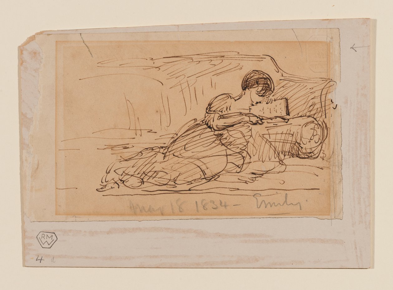Kunstnerens datter, Emily, liggende på en sofa og leser, 18. mai 1834 av John Constable