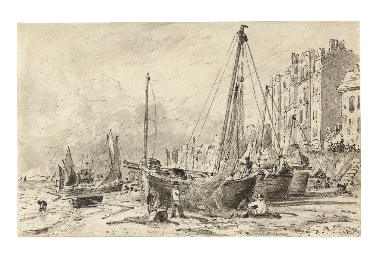 Strandet fiskebåter med fiskere som reparerer garn på stranden ved Brighton, med utsikt mot vest, ca. 1824-28 av John Constable