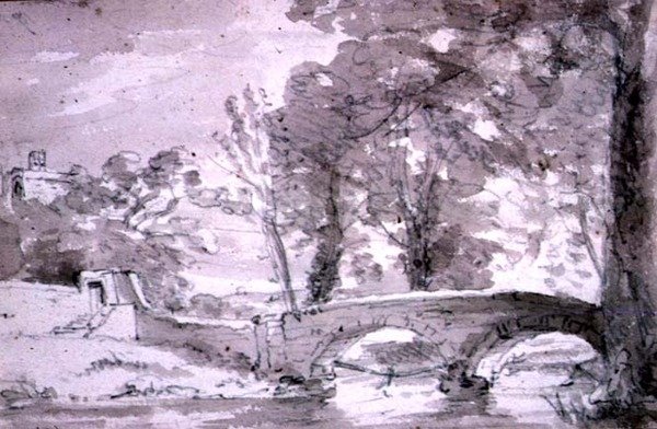 Bro med trær og bygninger, ved Haddon av John Constable