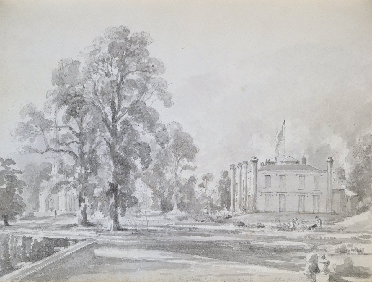 Coleorton Hall, Leicestershire, hjemmet til Sir George Beaumont (penn og vask) av John Constable