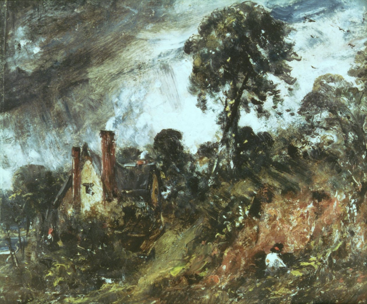 Hytte blant trær med sandbanke, ca. 1830-36 av John Constable