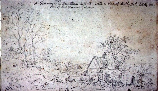 Hytte på Brantham, med utsikt over Mistley Hall (tegning) av John Constable
