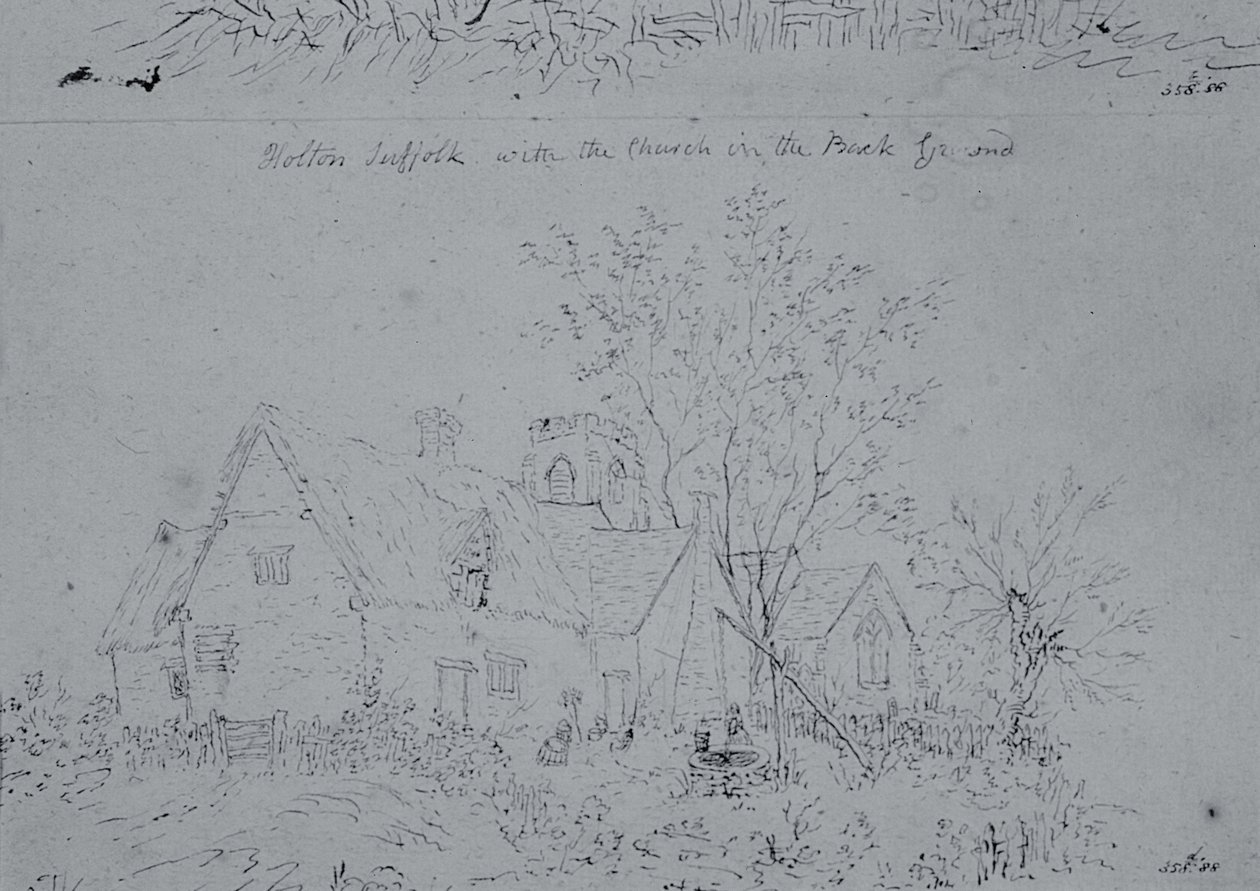 Hytte på Holton med kirken i bakgrunnen (penn og blekk på papir) av John Constable