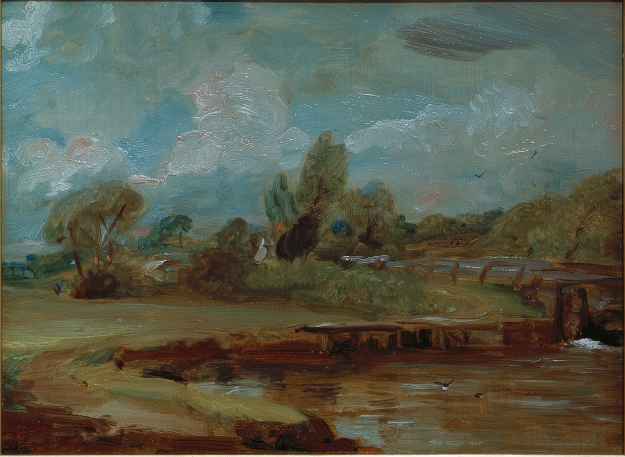 Flatford Lock fra en sti ved elven av John Constable