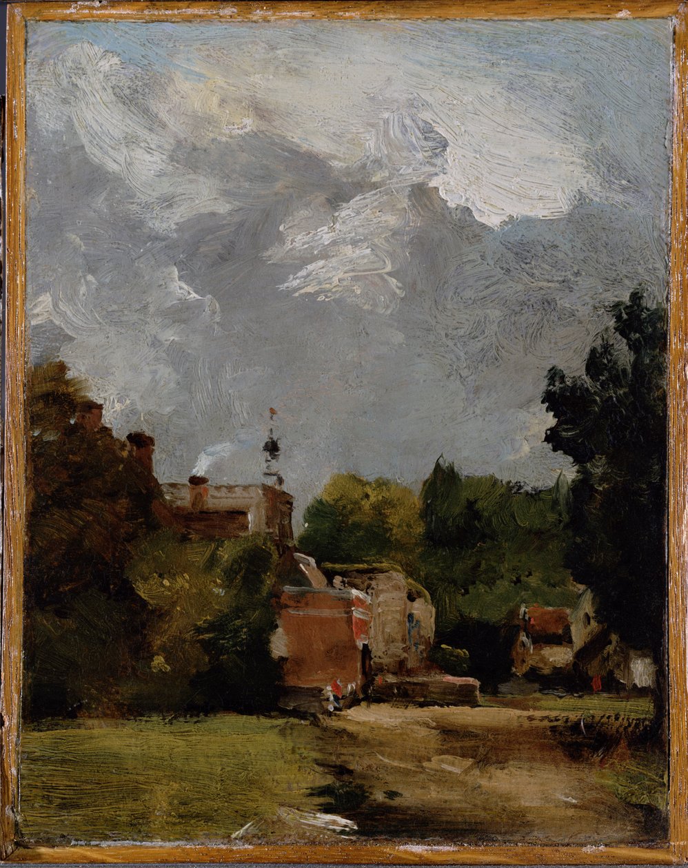 Østre Bergholt kirke fra Church Street (olje på papir på panel) av John Constable