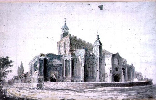 Østre Bergholt kirke: eksteriøret fra sør-vest (tegning) av John Constable