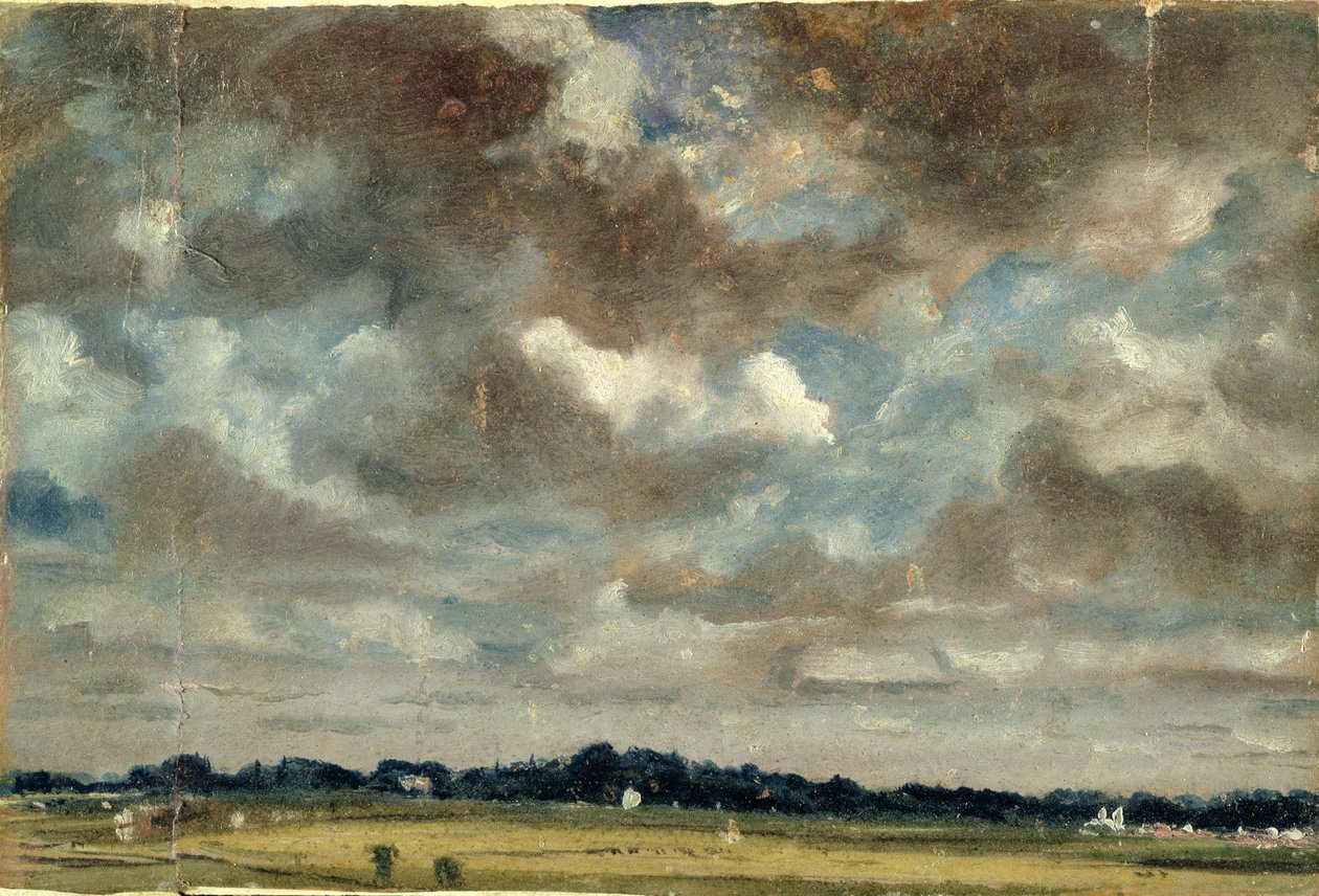 Omfattende landskap med grå skyer, ca. 1821 (olje på papir på lerret) av John Constable
