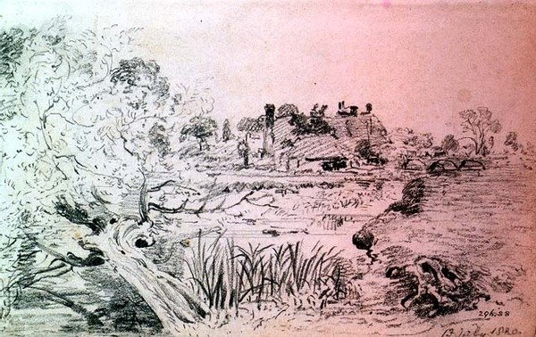 Gårdsbygninger og bro nær Salisbury (blyant) av John Constable