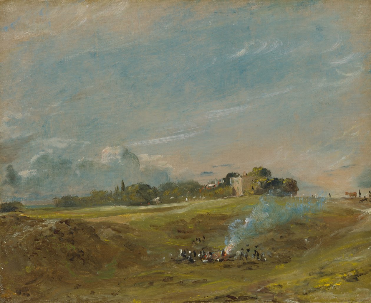 Hampstead Heath, med et bål, ca. 1822. av John Constable