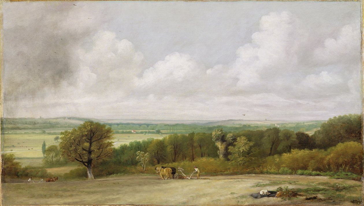Landskap: Ploughing Scene in Suffolk (A Summerland) ca. 1824 (olje på lerret) av John Constable