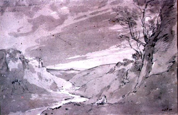 On the Dove nær Buxton, 1801 (blyant- og sepiavask) av John Constable