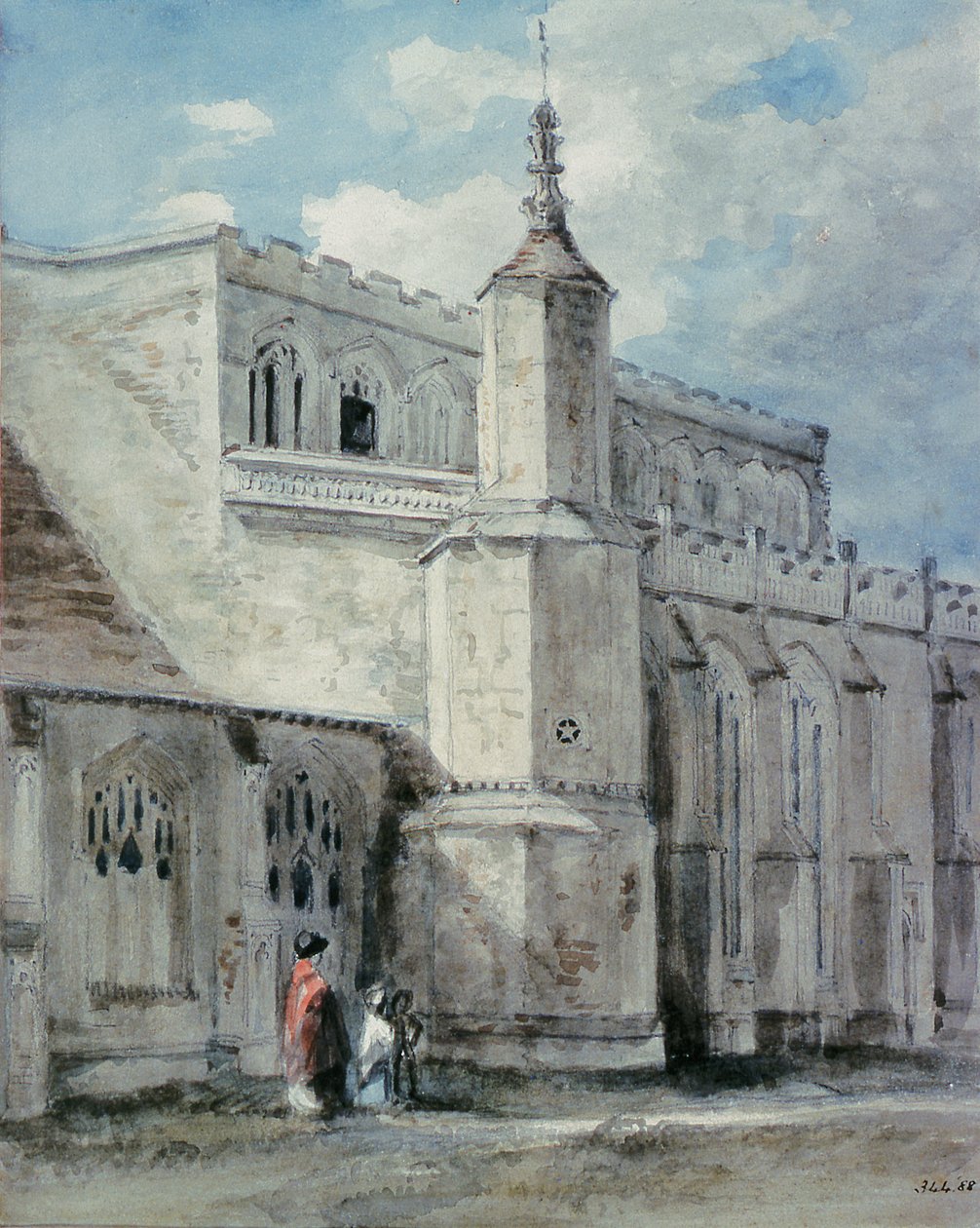 Del av utsiden av Østre Bergholt kirke: Nordsiden, ca. 1801-05 (blyant og akvarell) av John Constable