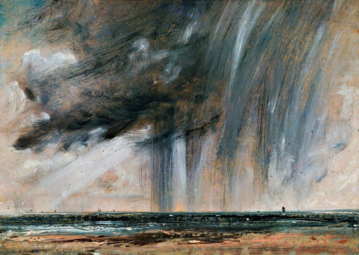 Regnstorm over havet, havbildestudie med regnskyer, ca 1824-1828, av John Constable (1776-1837), olje på papir lagt på lerret, 22,2x31 cm av John Constable