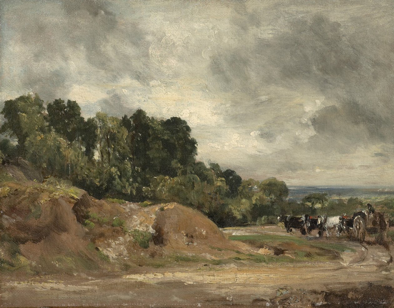 Sandbanker og en kjerre og hester på Hampstead Heath, ca. 1820-25 av John Constable