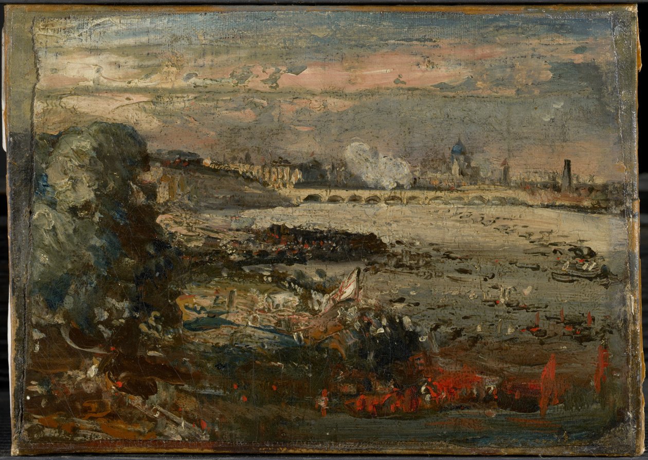 Skisse til «Åpningen av Waterloo Bridge sett fra Whitehall Stairs, 18. juni 1817» av John Constable