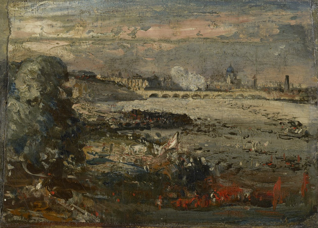Skisse for "Åpningen av Waterloo Bridge sett fra Whitehall Stairs, 18. juni 1817", ca. 1819 av John Constable