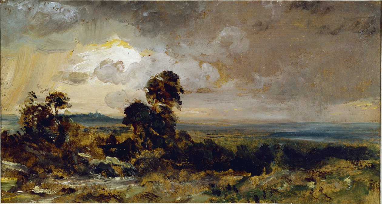 Stormfull solnedgang i Hampstead (olje på lerret av John Constable