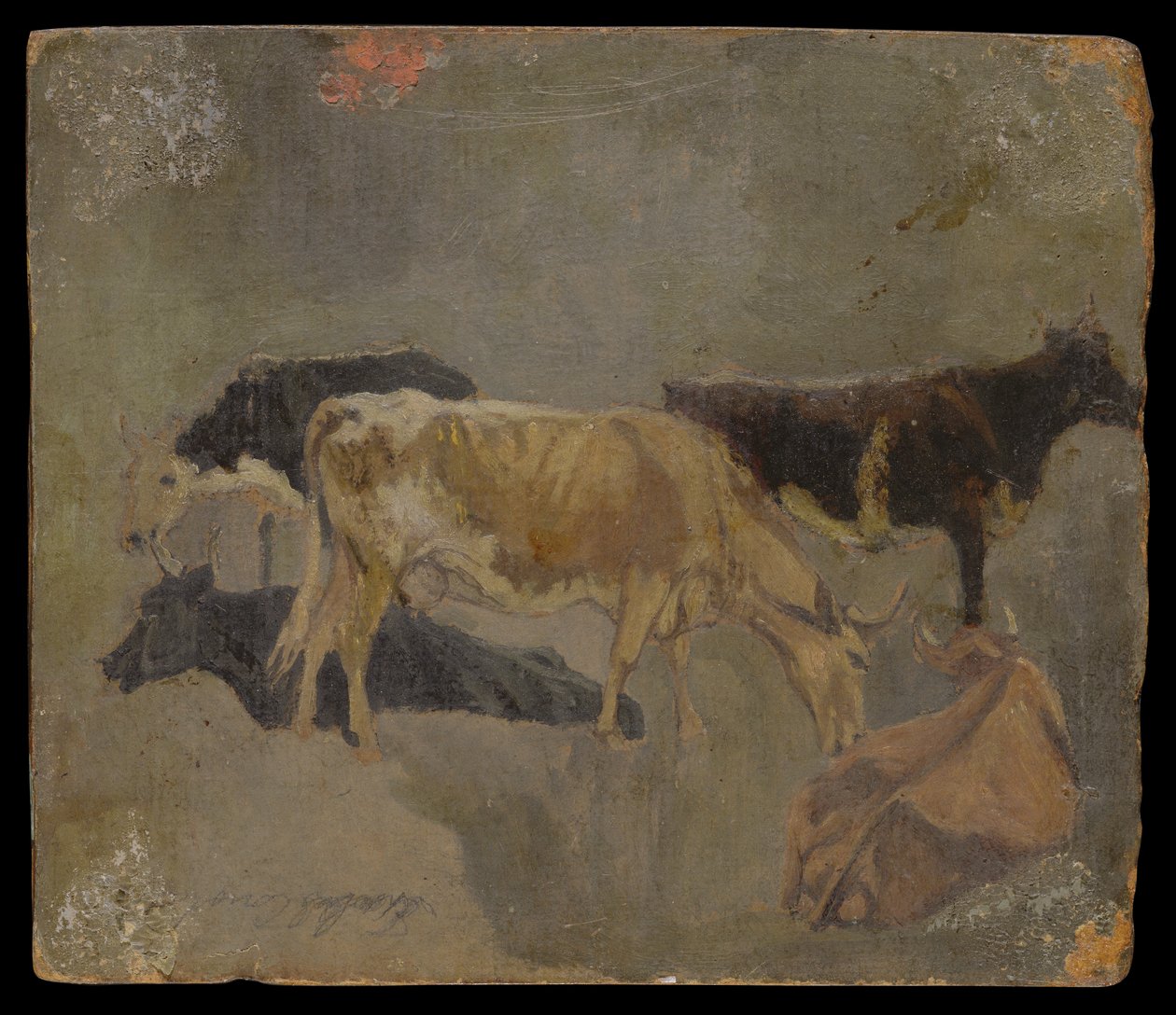Studie av fem hornet storfe (verso) (olje på kvernbrett) av John Constable