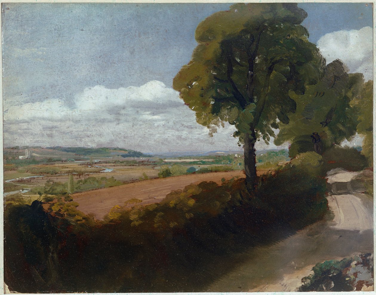 Utsikt over Dedham fra veien som fører fra East Bergholt Church til Flatford (olje på lerret av John Constable