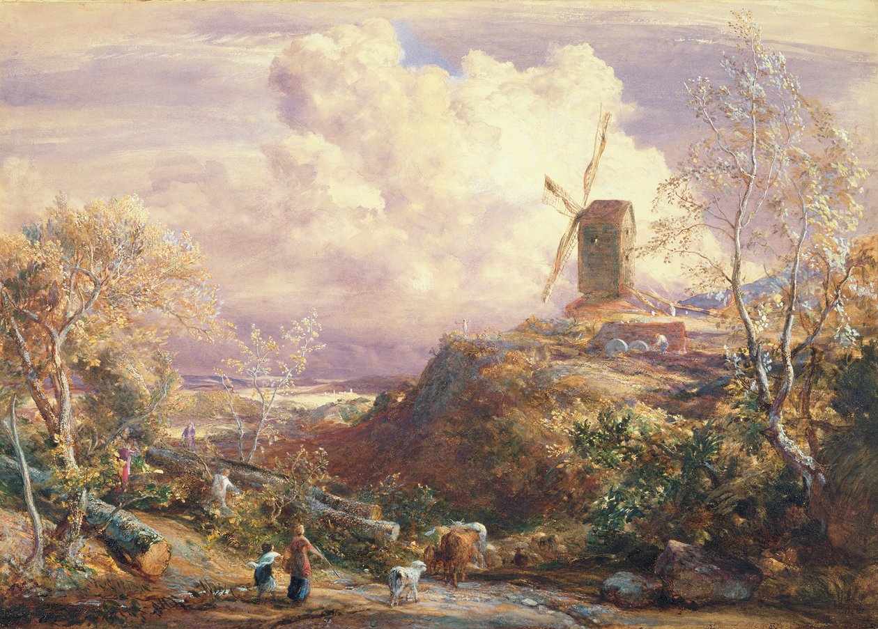 Vindmølle på en høyde med storfedrovere av John Constable