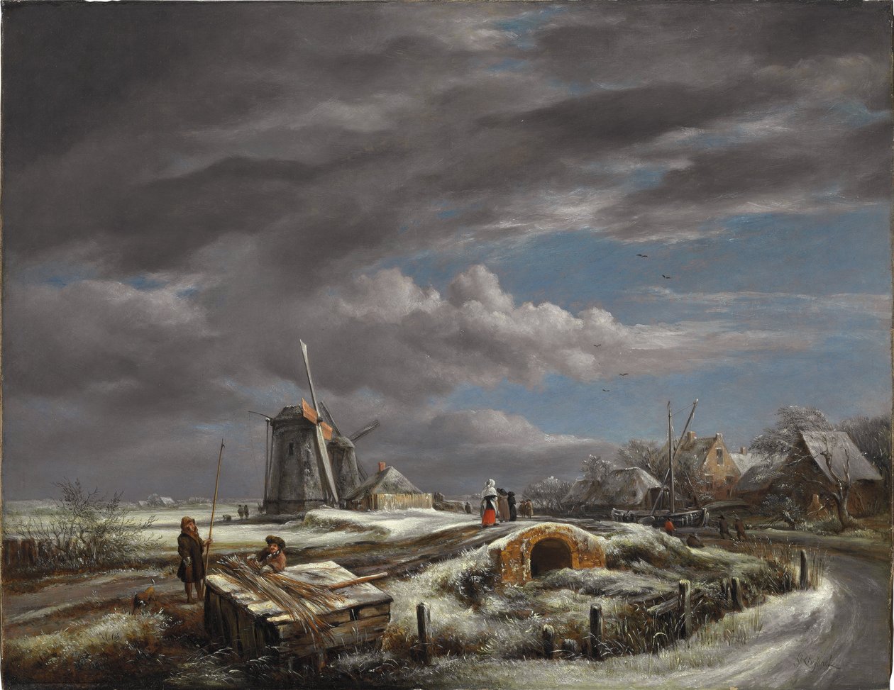 Vinterlandskap med figurer på en sti, en gangbro og vindmøller bortenfor av John Constable