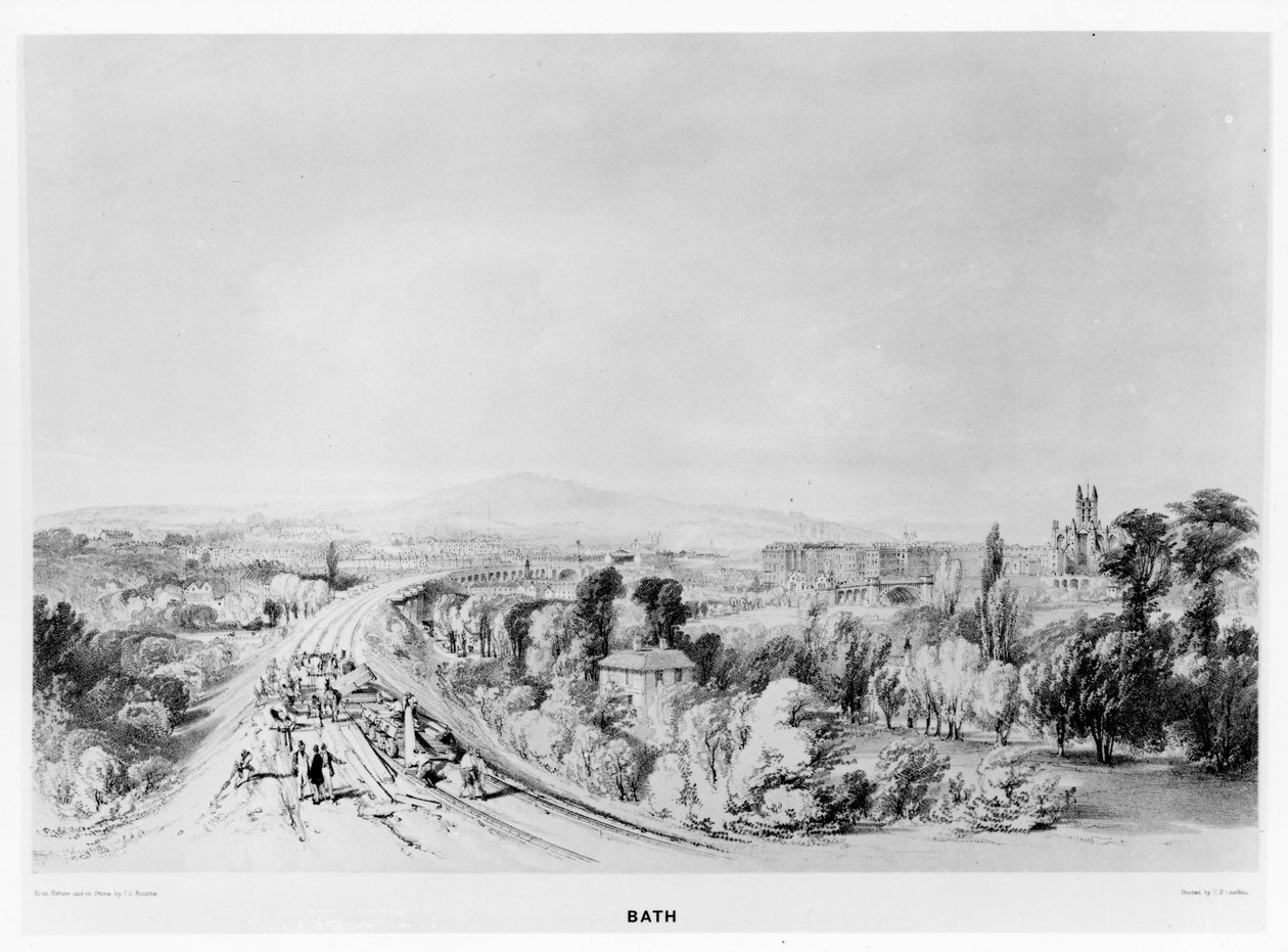 Tilnærming til Bath Station fra øst, fra 'History of the Great Western Railway', trykt av CF Cheffins, ca. 1846 av John Cooke Bourne