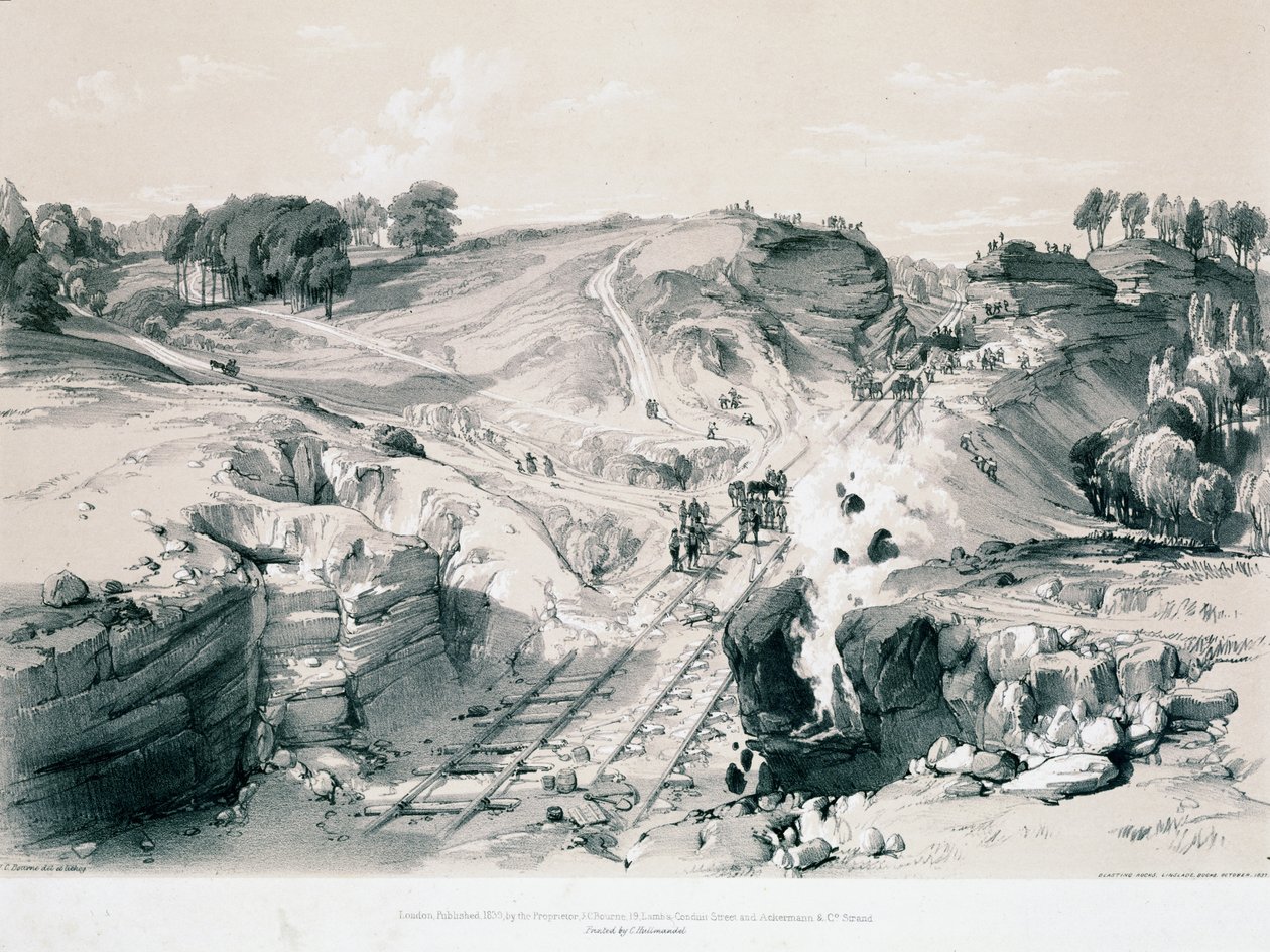 Sprengning av steiner, Linsdale, Buckinghamshire, 1830-tallet (penn og blekk og vask på papir) av John Cooke Bourne