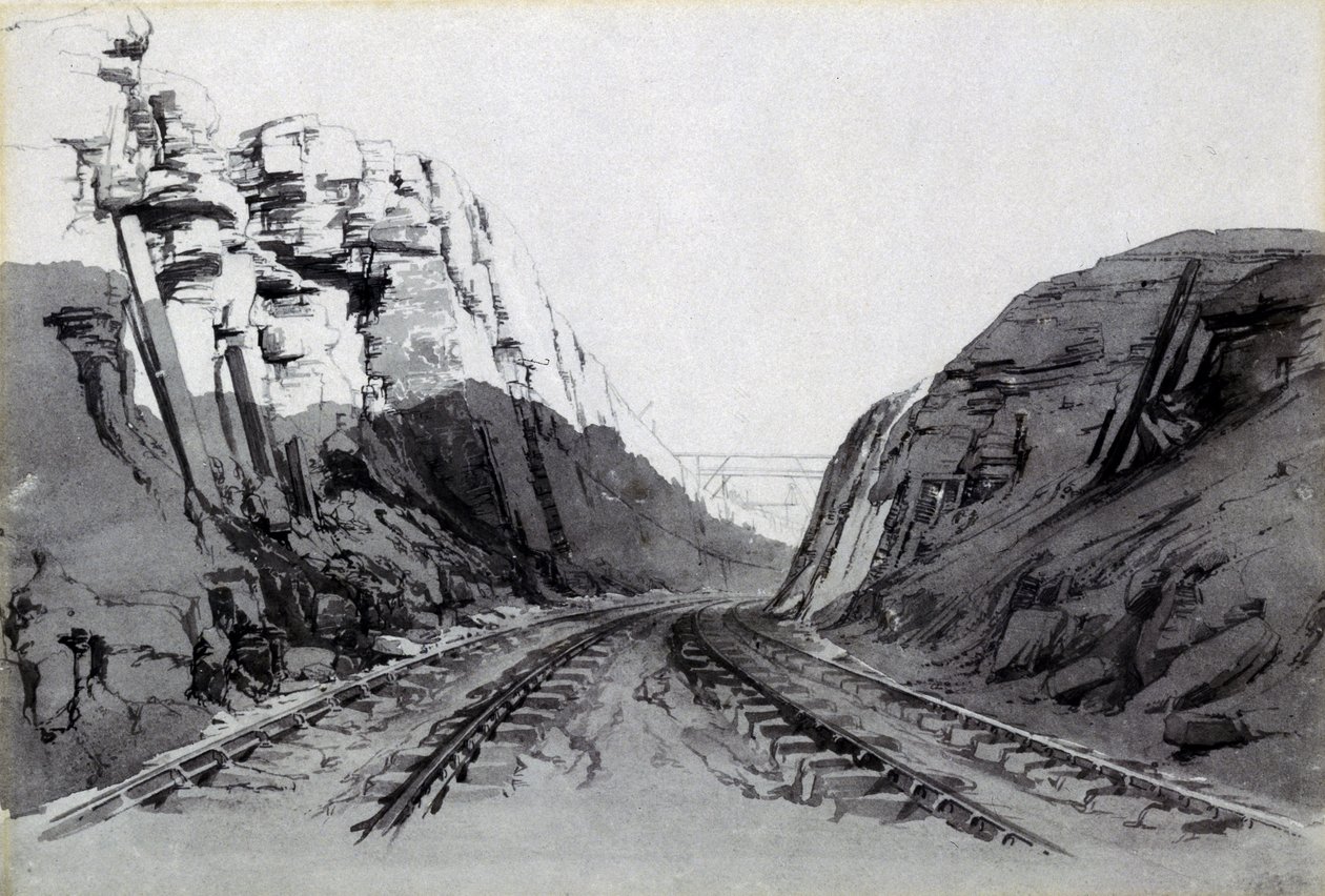 Blisworth Cutting, Northamptonshire, september 1838 (penn og blekk og vask på papir) av John Cooke Bourne