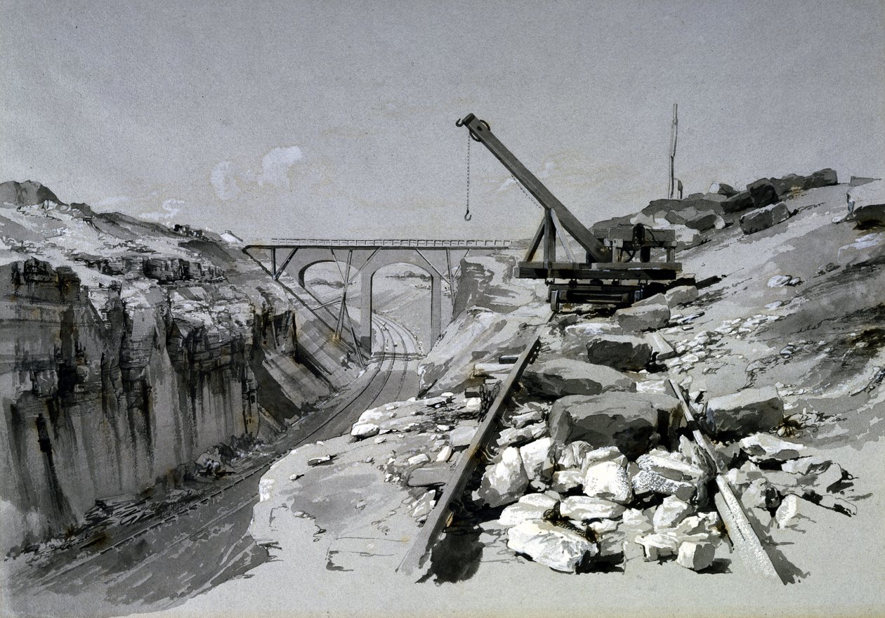 Blisworth Cutting, Northamptonshire, ovenfra, 2. juli 1837 (penn og blekk og vask på papir) av John Cooke Bourne