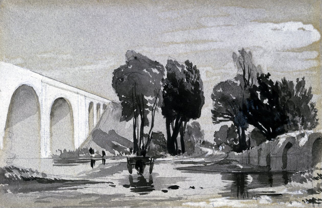 Blythe Viaduct, Hampton-in-Arden, ca. 1838 (penn og blekk og vask på papir) av John Cooke Bourne