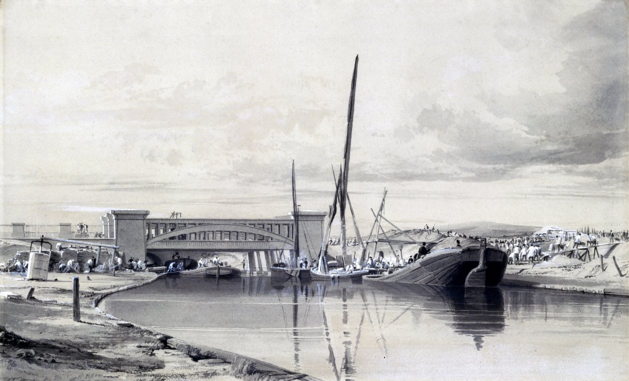 Bro over Regents Canal, april 1837 (penn og blekk og vask på papir) av John Cooke Bourne