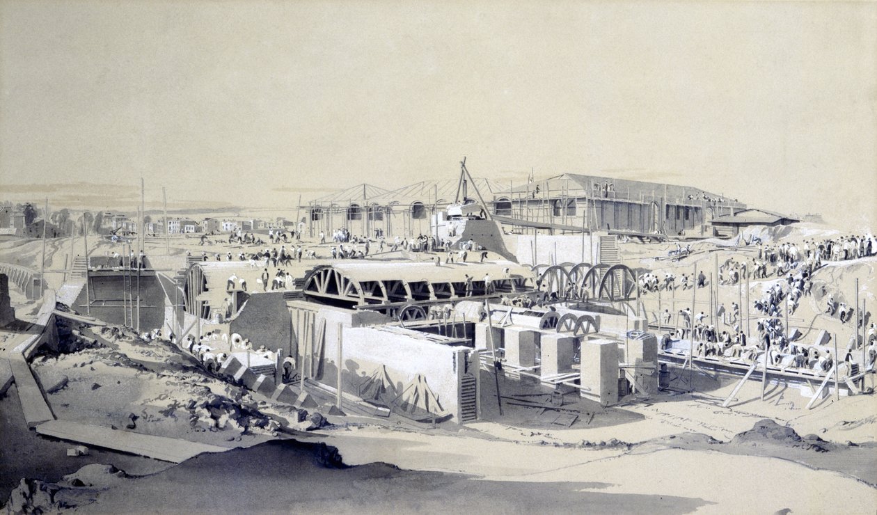 Building the Stationary Engine House, Camden Town, 26. april 1837 (penn og blekk og vask på papir) av John Cooke Bourne