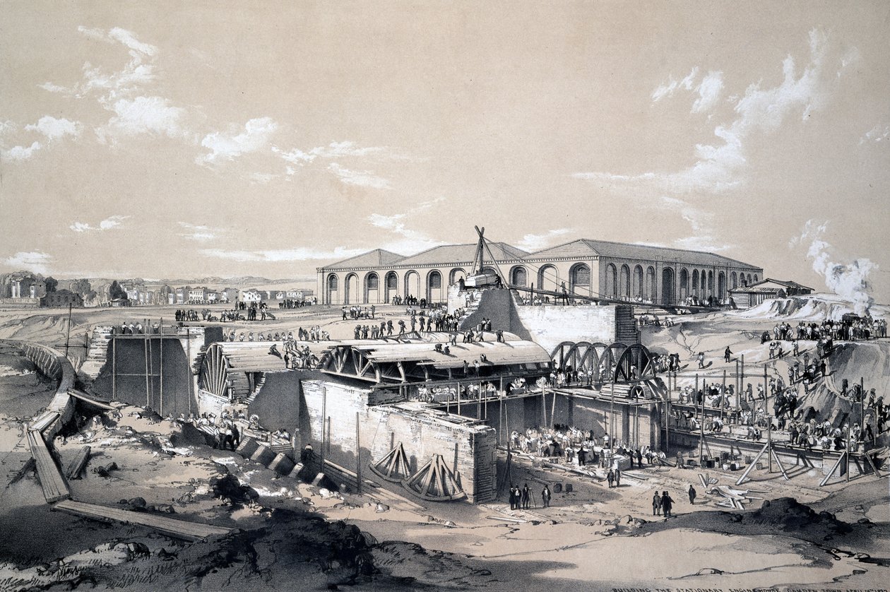 Building the Stationary Engine House, Camden Town, 26. april 1837 (penn og blekk og vask på papir) av John Cooke Bourne