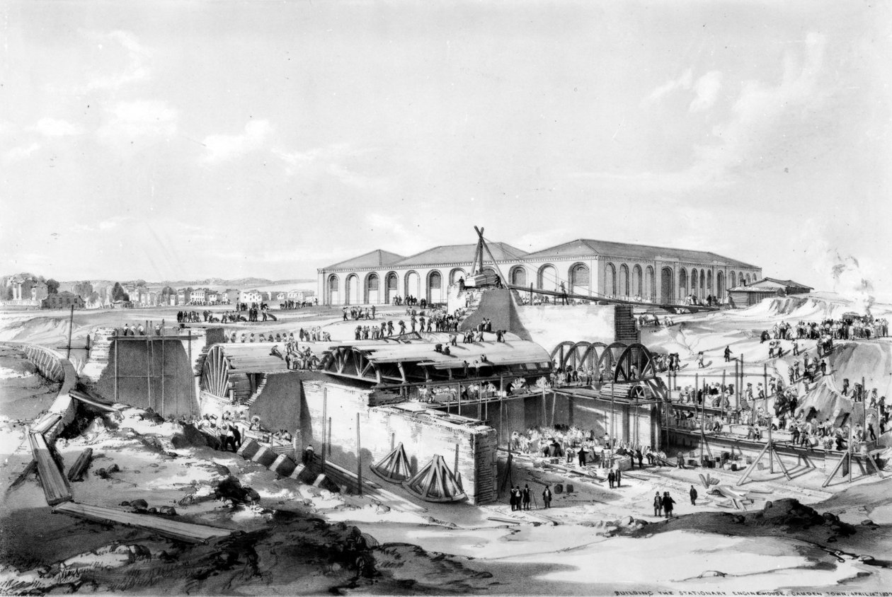 Building the Stationary Engine House, Camden Town, 26. april 1837 (penn og blekk og vask på papir) av John Cooke Bourne