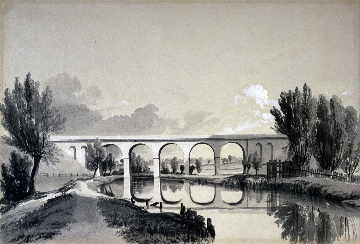 Colne Viaduct, Watford, Hertfordshire, 5. juni 1837 (penn og blekk og vask på papir) av John Cooke Bourne